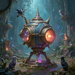 teleportation machine in a fantasy world, with wizards and other magical creatures using it to travel around