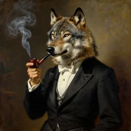 a portrait painting of an aristocratic wolf!!!!!!! wearing a tuxedo and smoking an old pipe, by arthur rackham, trending on cgsociety, moody cinematic lighting
