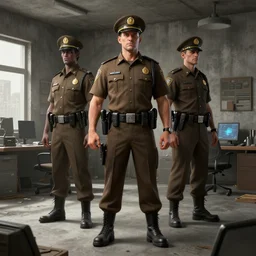 zombie sheriffs officers brown uniform and caps in brutalist concrete office trending on artstation high detail digital painting 4 k 8 k hd