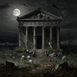 an ancient crumbling overgrown temple, a moonlit steppe, ((in the style of shadow of the colossus)), by gustave dore, by caspar david friedrich, in the style of blood bourne, 💀, matte painting