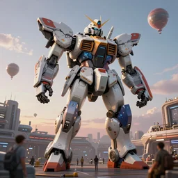a beautiful hyperrealistic ultradetailed 3 d render of a gigantic mecha guarding a sci - fi spaceport, by kamen anev : 3, mech, unreal engine, octane render, gigantic, unreal engine, octane render, 3 d, brilliantly coloured, intricate, ultra wide angle, trending on artstation, dusk, volumetric lighting, hdr, polished, micro details, ray tracing, 8 k : 2, people, sphere, balloon, blurry, blur, depth of field, dof, bokeh, obscured, macro : - 1