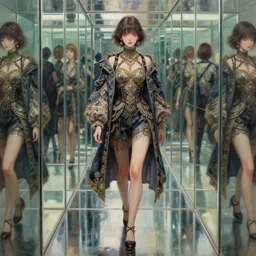 beautiful girl in intricate clothing walking through a hallway of reflective mirrors, reflections, very high intricate details, painting, digital anime art, medium shot, mid - shot, wlop, ilya kuvshinov, artgerm, krenz cushart, greg rutkowski, sana takeda