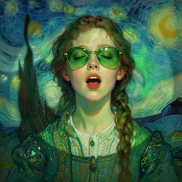 portrait of a beautiful girl, eyes closed, open mouth, shades of green, beautiful face, rule of thirds, intricate outfit, spotlight, by greg rutkowski, by jeremy mann, by francoise nielly, by van gogh, digital painting