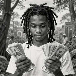 young black man with freeform dreadlocks holding stacks of cash, biblical image, style of gustave dore, highly detailed, beautiful, high contrast, black and white
