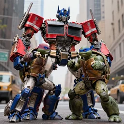 optimus prime fights the teenage mutant ninja turtles in NYC, 4K, intricate detail,