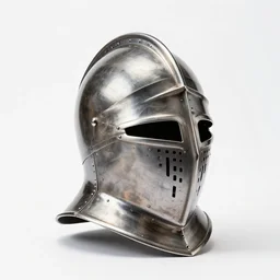 handcrafted knight's helmet, professional product shot, isolated on a pure white background, centered, entire object in frame, sharp focus, soft studio lighting
