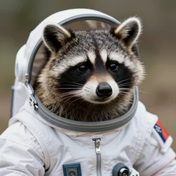 close up of a raccoon wearing a space suit, realistic documentary photo