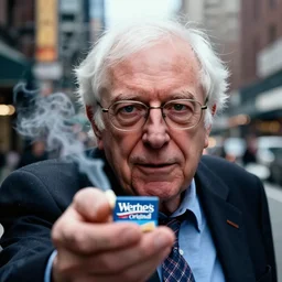 closeup potrait of bernie sanders offering a werther's original in a smoky new york street, screen light, sharp, detailed face, magazine, press, photo, Steve McCurry, David Lazar, Canon, Nikon, focus