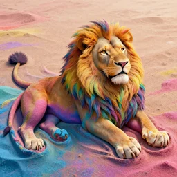 lion made of rainbow sand, multicolor, very colourful, volumetric light, cinematic, extremely detailed, cgi, trending on artstation, hyper realistic, hd wallpaper, sharp, michael whelan, ted nasmith