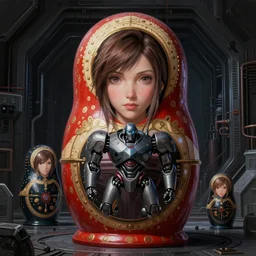 Beautiful stunning portrait of Matryoshka by Greg Rutkowski. Aerith is hiding from a Shinra robot in the Reactor Core by Mark Arian. The Reactor Core is dark and stark and industrial by H.R. Giger. soft render, octane, intricate painting by Moebius. artstation Blank Canvas Scene by Tetsuya Nomura.