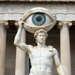 a man in the form of a greek sculpture, holding huge eye, pillar, greek architecture, made of marble
