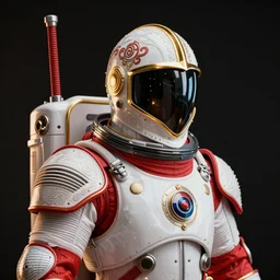 photography of red and white space suits designed for knights templar,  tubings, helmet with intricate design, golden linings, photo shoot, by annie leibovitz, sigma 85mm 1.4, glows, sharp, high contrast, octane render