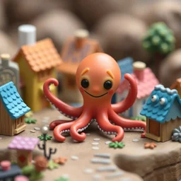 miniature 3 d set of a friendly, cute octopus in a small village, with shallow depth of field, by studio ghibli