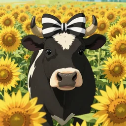 portrait of a black cute cow, black and white striped bow on its head in a field of sunflowers, rich vivid colors, ambient lighting, dynamic lighting, 4k, official media, anime key visual, makoto shinkai, ilya kuvshinov, lois van baarle, rossdraws, detailed, trending on artstation