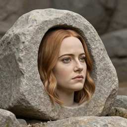 big rock solid stone with the emerging face of emma stone buried inside the stone rock, realistic, fine details