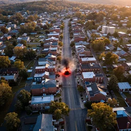 birds eye view of a small town in pennsylvania with a gate to hell opening in the middle of it, high resolution photograph, intense, dawn light