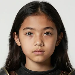 a light brown - skinned young girl with long black hair, brown eyes, straight eyebrows, small roman nose, big mouth and round face as a dnd knight, closeup portrait by gaston bussiere, j. c. leyendecker, craig mullins, symmetry!!, realistic face