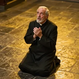 An old catholic priest in black garb kneeled on a stone floor in passionate prayer, seen from above. His eyes are wide open with fear. Ominous dramatic yellow lighting. Award-winning digital art, trending on ArtStation