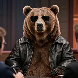 Photo of an oversized grizzly bear wearing sunglasses and a leather jacket being interviewed on the Joe Rogan podcast experience, cinematic view, 8K UHD