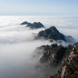 highly detailed photo of some mountain peaks emerge from the sea of clouds, super wide angle, deep focus, hyper realistic, concept art, 8 k detail post - processing