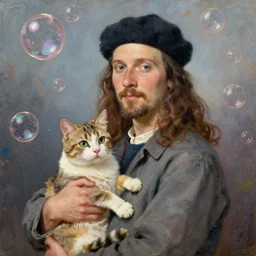 a portrait of bubbles from trailer park boys holding a cat. oil painting by leonardo da vinci