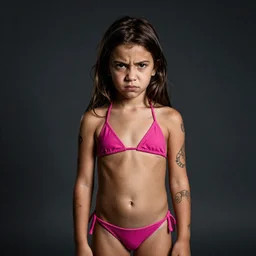 portrait of a girl in bikini, 3 0 yo, angry look, tattoos, dark background, studio light, hdr, nikon 3 5 mm f / 1. 8 g, by sebastiao salgado