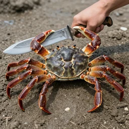 crab battle, crab with knife, crab holding knife, crab brandishing knife