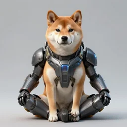 lotus pose, anthropomorphic shiba inu, realistic scifi cyberpunk, wearing the expanse season 2 - goliath powered armor, portrait art by donato giancola and greg rutkowski, realistic face, digital art, trending on artstation, symmetry