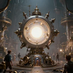 teleportation machine in a steampunk world, with people using it to travel the world, the machine is a large metal contraption with a bright light in the center, by thomas kinkaid