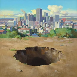 a painting of a hole in the ground, city panorama, an airbrush painting by makoto shinkai ghibli studio julian schnabel, featured on deviantart, painting, matte drawing, oil on canvas, matte painting