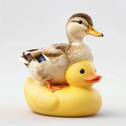 a real duck riding a rubber duck