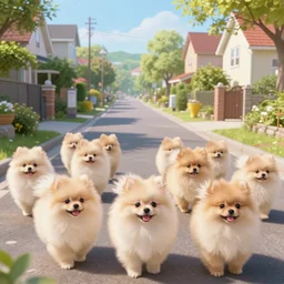 too many pomeranians in the street, idealized pleasant fresco of a suburban area, trending on pixiv, brilliant pomeranian puppies in the street.