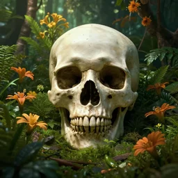 Skull and jungle environment many flowers, atmospheric, octane render, 8k, cinematic, hyperrealism, artstation, HDR, cgisociety, smooth, volumetric lighting