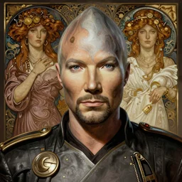 portrait of Captain Jean-Luc Picard as Johnny Silverhand, epic, intricate, headshot, highly detailed, digital painting, artstation, concept art, sharp focus, illustration, art by artgerm and greg rutkowski and alphonse mucha