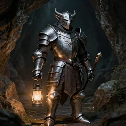 an anthropomorphic dnd kobold paladin, wearing full metal plate mail, in a dark cave, lit by lantern, photography by bussiere rutkowski andreas roch, by george morikawa, by kentaro mire, highly detailed, 8 k