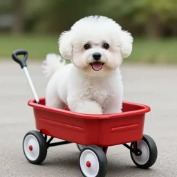 a photorealistic photograph of a smiling white Bichon Frisé puppy riding in a little red wagon that is overflowing with french fries during sunset at the beach Trending on Artstation, featured on Behance, well-rendered, Unreal Engine, 4K HD