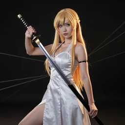 dslr photo of beautiful erza scarlet wearing a elegant dress, standing holding a katana that is very detailed, portrait photo, real photo, real camera, extreme detailed face and body, high quality, moody lighting, fast paced lines, sharp quality, enchanting lighting, 8 k