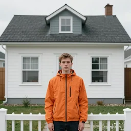 a man in an orange jacket standing in front of a house, a picture by jacob steinhardt, tumblr contest winner, postminimalism, contest winner, # vfxfriday, handsome