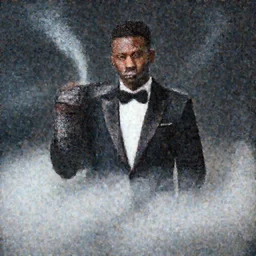 Gigachad wearing classy tuxedo inside cloud of smoke, Canon EOS R3, details, f/1.4, ISO 200, 1/160s, 8K, RAW, unedited