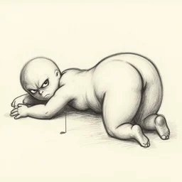 pen drawing of stick figure person with tiny legs and a big butt laying down looking at the camera menacingly, in the style of terriv vellmann, @ terrivellmann
