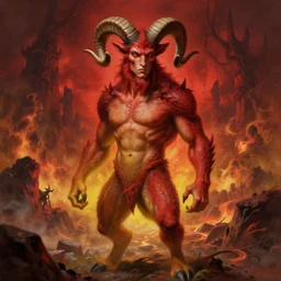 portrait of a beautiful young fit male demon with ram horns, scaly torso and goat legs, hellish scene, by greg rutkowski and alphonse mucha, d & d character, gradient red to yellow, in front of an hellish landscape background, highly detailed portrait, digital painting, artstation, concept art, smooth, sharp focus ilustration, artstation hq