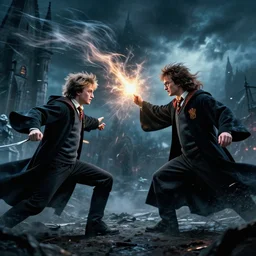 magic battle between Harry Potter and Voldermort, spell, wind, stormy, cinematic