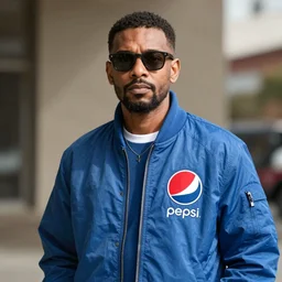 a man wearing a pepsi jacket and sunglasses