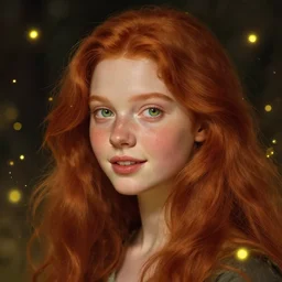 portrait of a red haired girl, long hair, green eyes, hint of freckles, beautiful round face, soft amazed smiles, among golden fireflies, highly detailed, deep focus, elegant, digital painting, smooth, sharp focus, golden ratio, illustration, ultra realistic, 8 k, art by artemisia lomi gentileschi