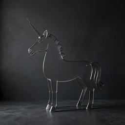 Minimalistic steel unicorn in a dark room