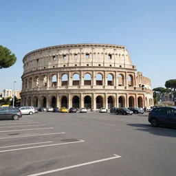 Photograph of an ancient Roman McDonalds parking lot, wideshot,longshot,fullshot.