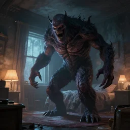 terrifying monster in a bedroom by james gurney, volumetric lighting