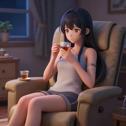 nighttime, a beautiful anime woman enjoying a cup of tea while sitting on a reclining chair in her room, anime, concept art, trending on artstation 3D.