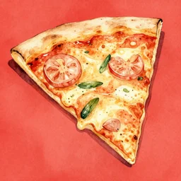 maximalist delicious triangular pizza slice, by kseniia yeromenko, watercolor, illustration, zoomed out, red background