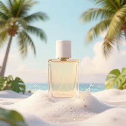 perfume bottle standing in splashing tropical sea foam, surrounded by leafy trees, light pastel blue sky and clouds in the background, softly - lit, soft - warm, zen, light, modern minimalist f 2 0 clean